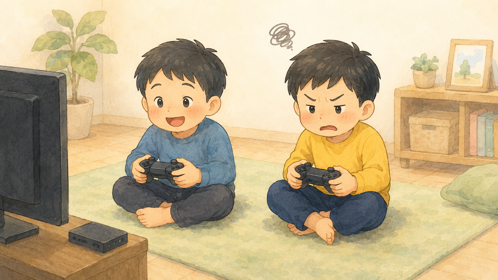 お友達にゲームで負けてイライラの場面イラスト