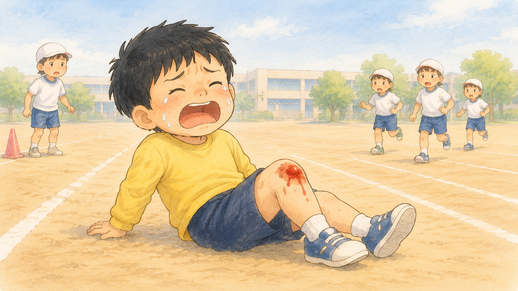 たいいくで ころんで なみだがでたの場面イラスト