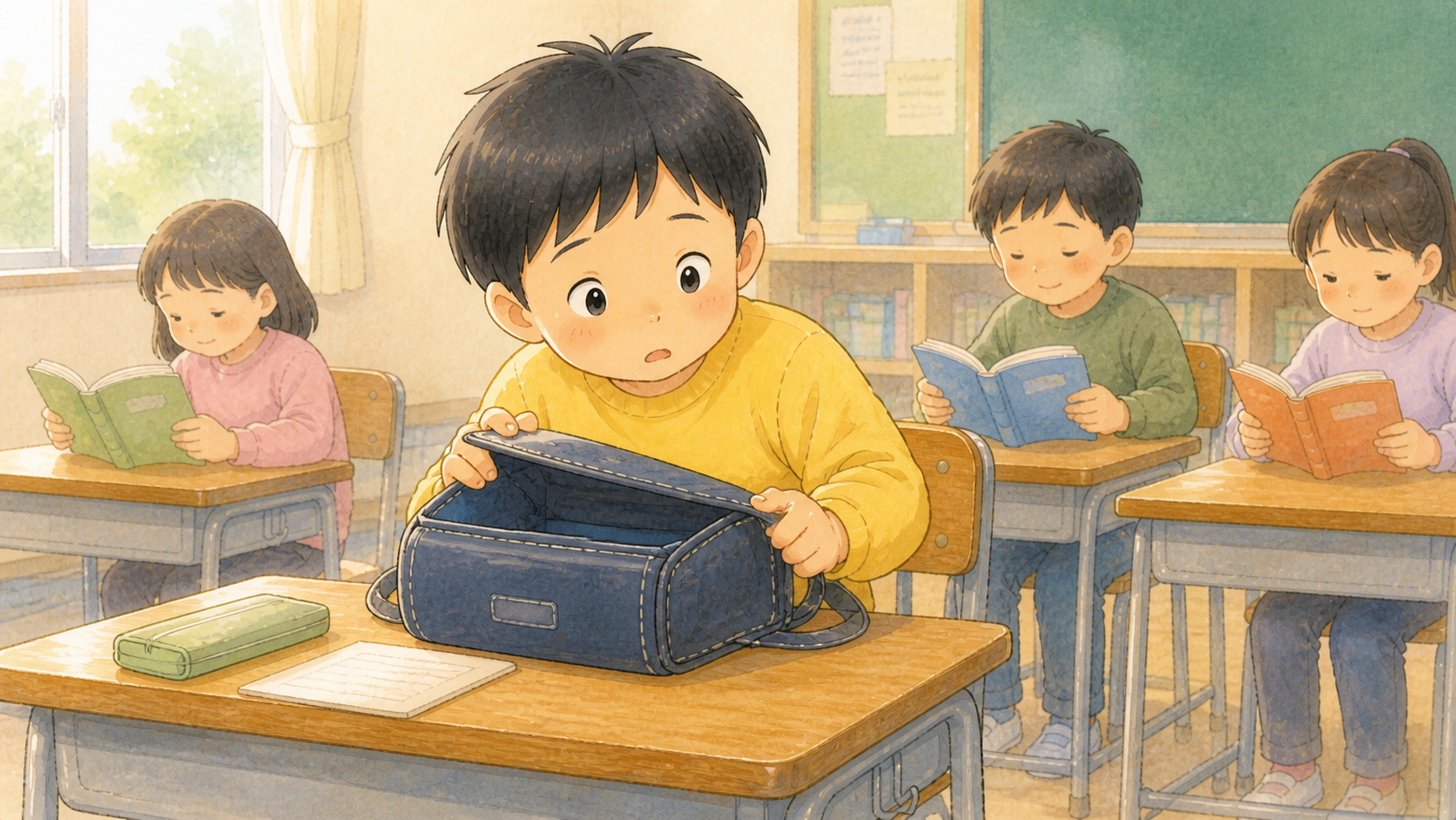 きょうかしょが ないときの場面イラスト